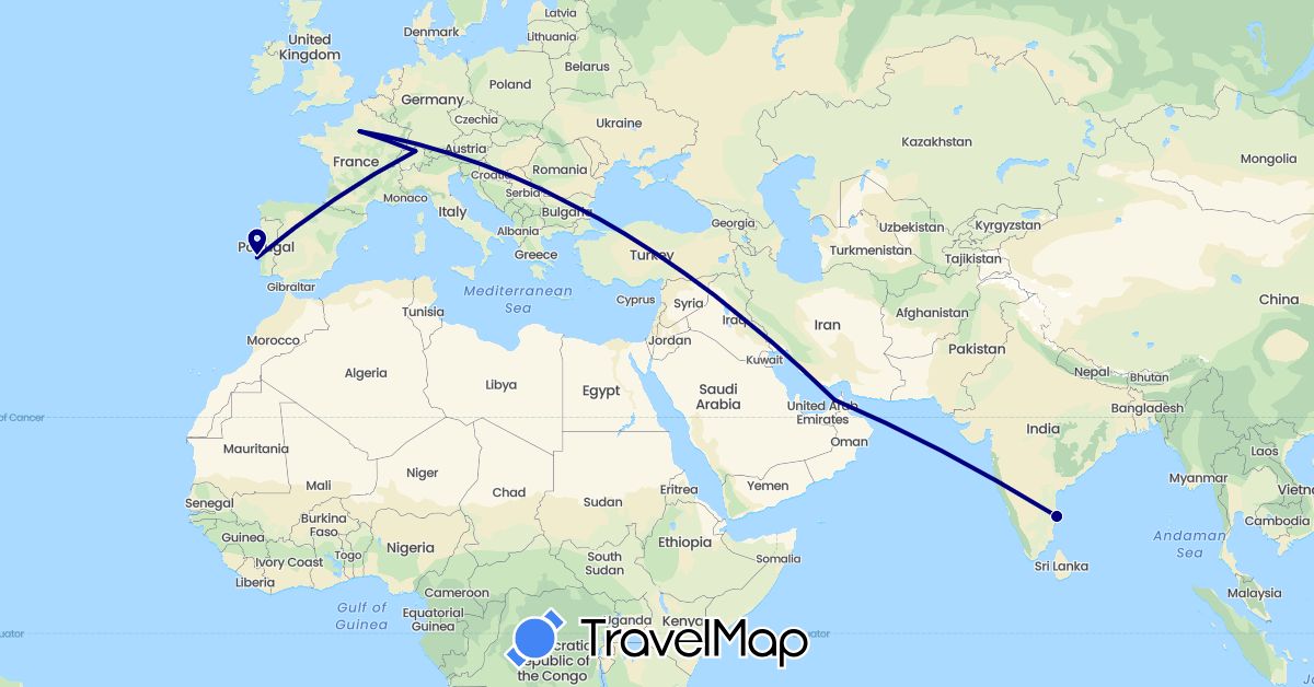 TravelMap itinerary: driving in United Arab Emirates, Switzerland, France, India, Portugal (Asia, Europe)